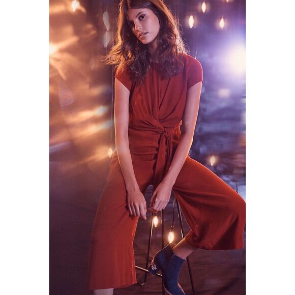 NWT Anthropologie Maeve Grier Cap Sleeve Cropped Jumpsuit in Wine Bordeaux Red - Picture 2 of 12